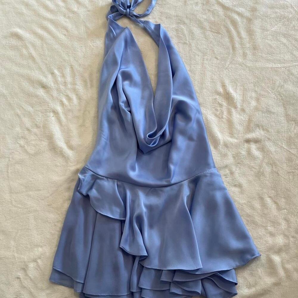 Showpo TANISHA MINI DRESS Halter Cowl Neck Asymmetrical Skirt In Icy Blue Small - Picture 3 of 5